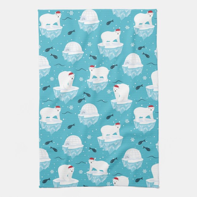 Cute Polar bears in Santa Hats Christmas Pattern Tea Towel (Vertical)