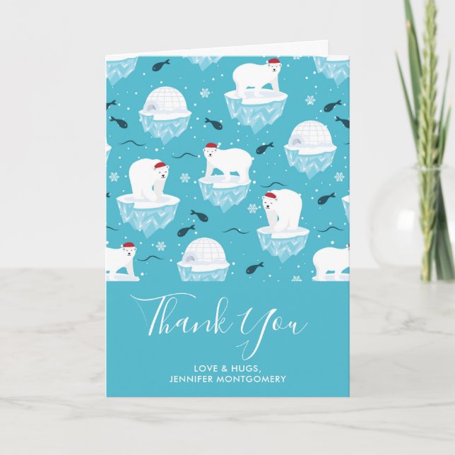 Cute Polar bears in Santa Hats Christmas Thank You Card (Front)