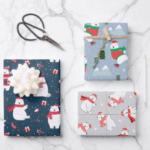 Cute Polar Bears in Three Blue Christmas Patterns Wrapping Paper Sheet