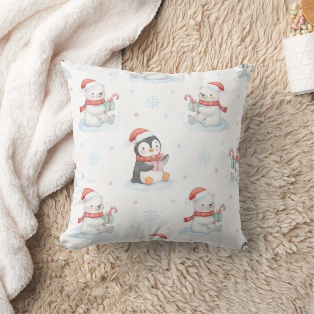 Cute Polar Bears & Penguins Christmas Throw Pillow (Blanket)