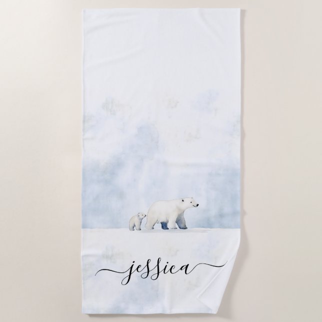 Cute polar bears script name beach towel (Front)