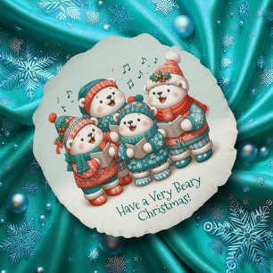 Cute Polar Bears Sing Have a Very Beary Christmas! Round Cushion