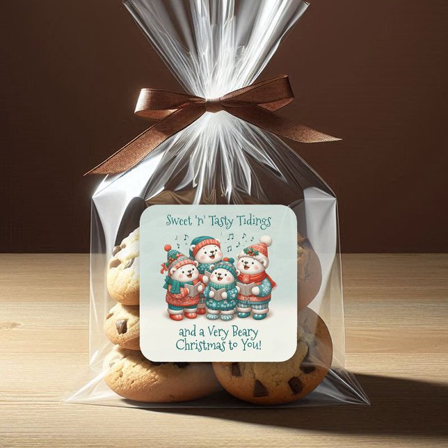 Cute Polar Bears Sing Have a Very Beary Christmas! Square Sticker (Cute Polar Bears Sing Have a Very Beary Christmas Square Sticker Cover Photo)