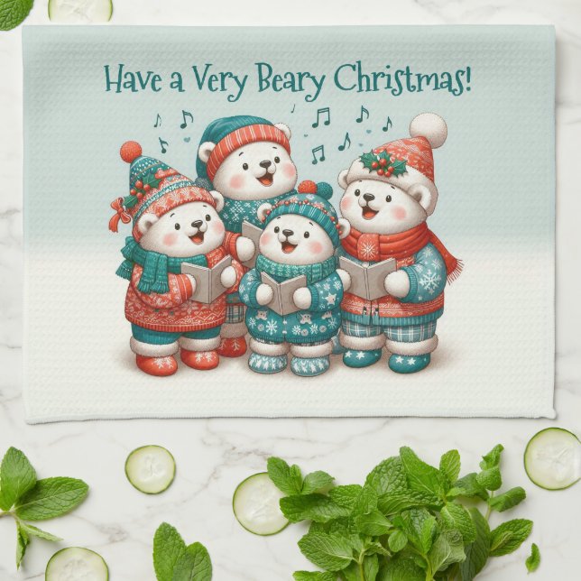 Cute Polar Bears Sing Have a Very Beary Christmas! Tea Towel (Folded)