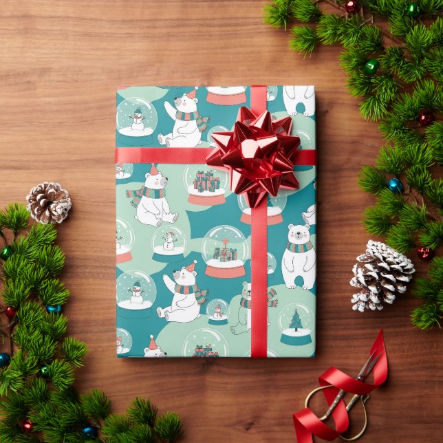 Cute Polar Bears & Snow Globes Teal Winter Pattern Wrapping Paper (Holiday Gift)