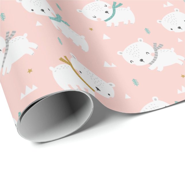 Cute Polar Bears with scarves on light pink Wrapping Paper (Roll Corner)