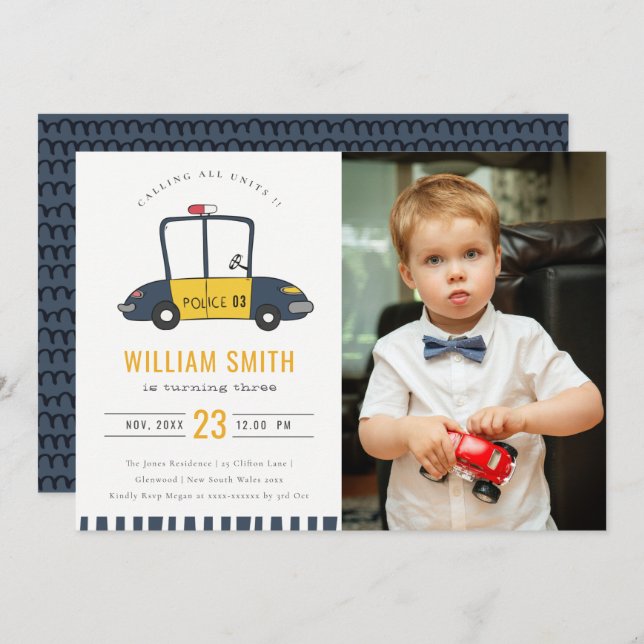 Cute Police Car Kids Photo Any Age Birthday Invite (Front/Back)