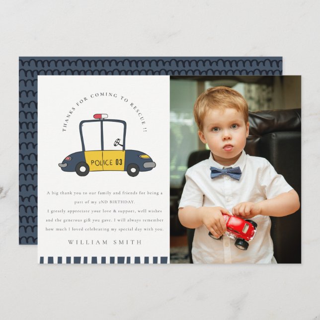 Cute Police Car Rescue Kids Photo Any Age Birthday Thank You Card (Front/Back)