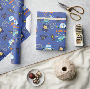 Cute Police Officer and Car Birthday Party Wrapping Paper