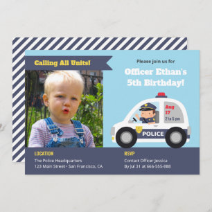 Cute Policeman in Car Boys Birthday Party Photo Invitation