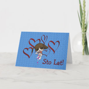 Cute Polish Birthday Card Puppy Hearts