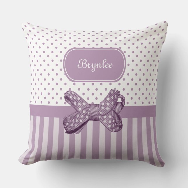 Cute Polka Dot Bow Girly Lavender Stripes and Name Cushion (Front)