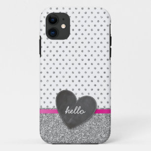 CUTE polka dot chalkboard heart glitter silver iPhone 11 Case