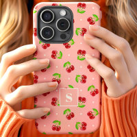 Cute Polka Dot Cherries On Pink Monogram
