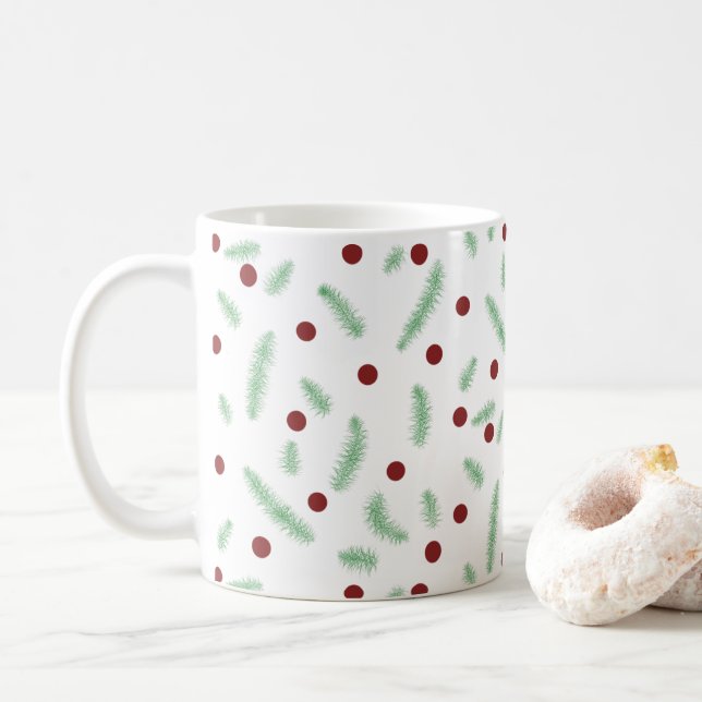 Cute polka dot Christmas tree Red Green pattern Coffee Mug (With Donut)