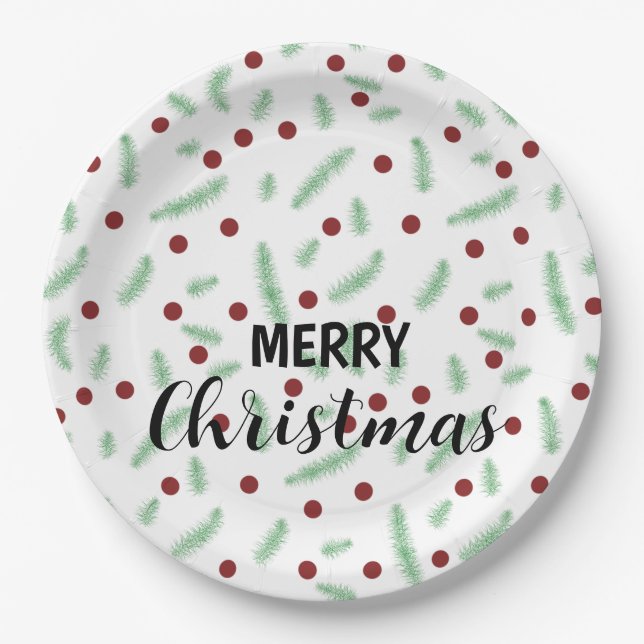 Cute polka dot Christmas tree Red Green pattern Paper Plate (Front)