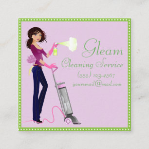 Cute Polka Dot Cleaning Service Lady Square Business Card
