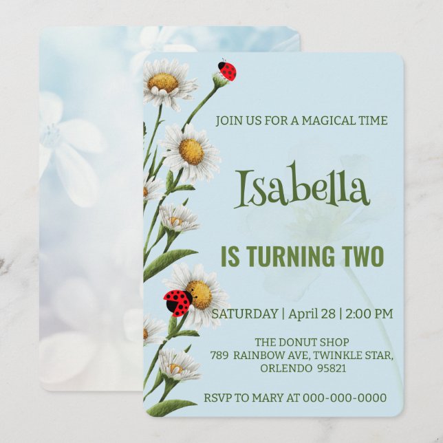 Cute Polka dot Ladybug Blue Daisy Kids Birthday  Invitation (Front/Back)