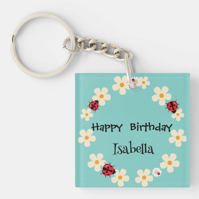 Cute Polka dot Ladybug Daisy Flower Birthday Party Key Ring (Front)