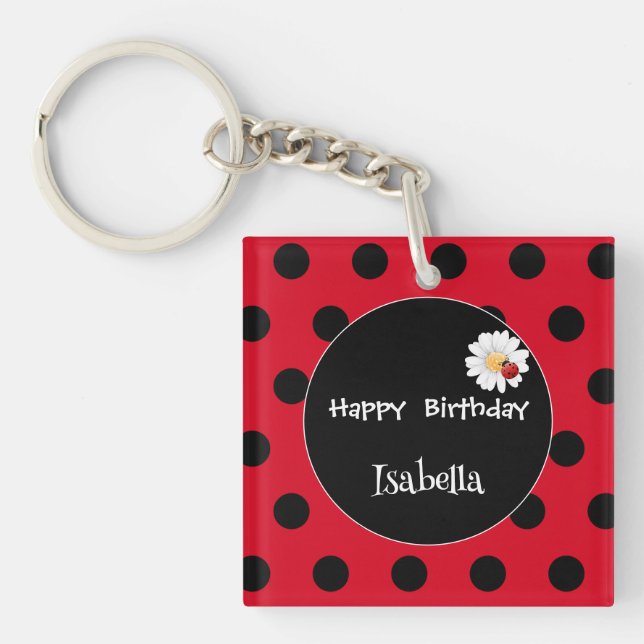 Cute Polka dot Ladybug Daisy Flower Birthday Party Key Ring (Front)