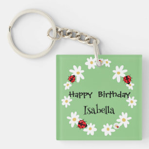 Cute Polka dot Ladybug Daisy Flower Birthday Party Key Ring