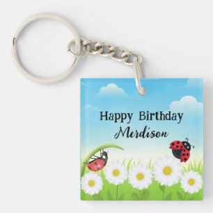 Cute Polka dot Ladybug Daisy Flower Birthday Party Key Ring