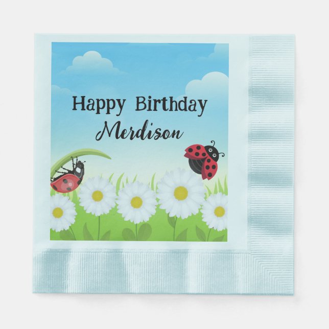 Cute Polka dot Ladybug Daisy Flower Birthday Party Napkin (Front)