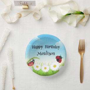 Cute Polka dot Ladybug Daisy Flower Birthday Party Paper Plate