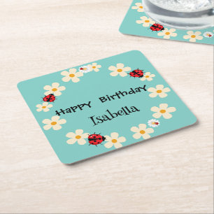 Cute Polka dot Ladybug Daisy Flower Birthday Party Square Paper Coaster