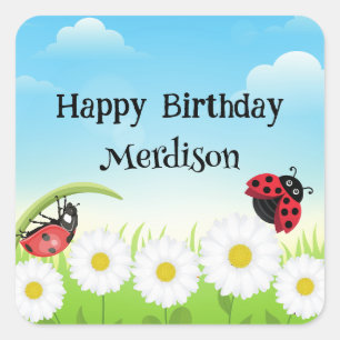 Cute Polka dot Ladybug Daisy Flower Birthday Party Square Sticker