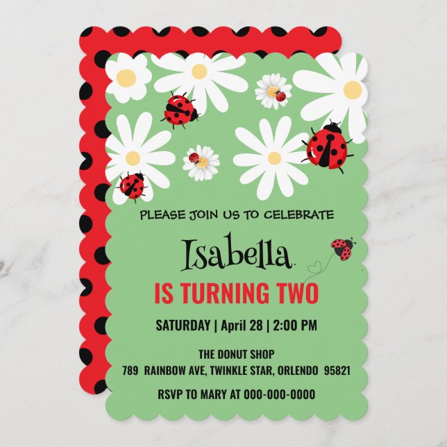 Cute Polka dot Ladybug Daisy Kids Birthday Partry Invitation (Front/Back)