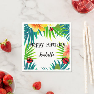 Cute Polka dot Ladybug Summer Flower palm Birthday Napkin