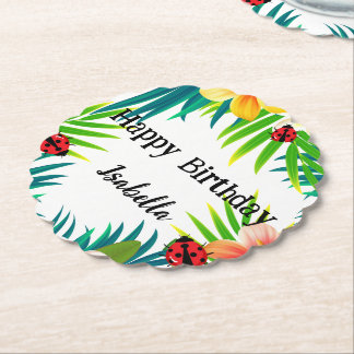 Cute Polka dot Ladybug Summer Flower palm Birthday Paper Coaster