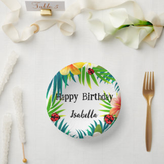 Cute Polka dot Ladybug Summer Flower palm Birthday Paper Plate