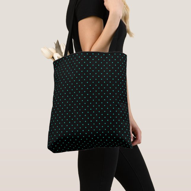 Cute Polka Dot Pattern Simple Modern Teal Black Tote Bag (Close Up)