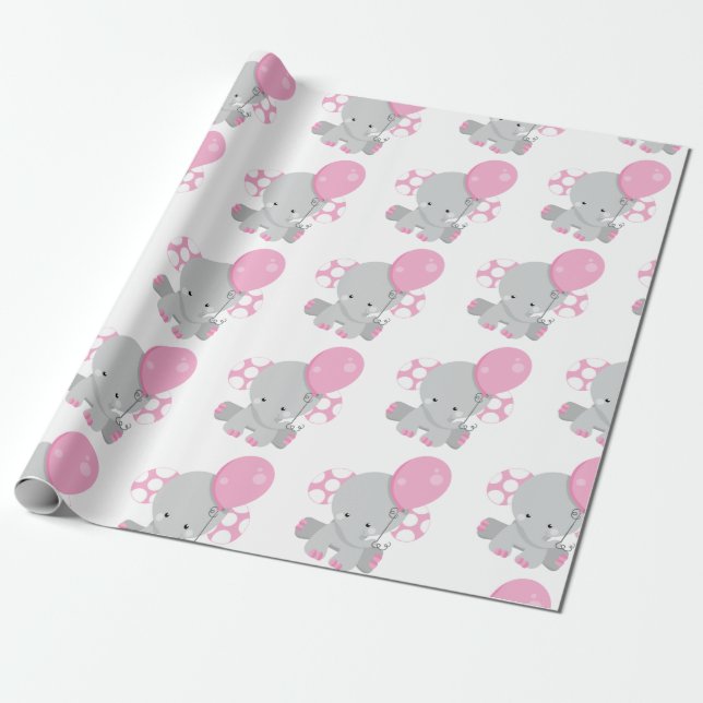 Cute Polka Dot Pink Elephant Girl baby Wrapping Paper (Unrolled)