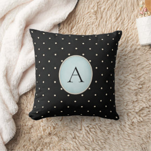 Cute Polka Dots (Blue) Monogrammed Black Cushion