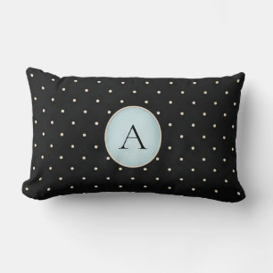 Cute Polka Dots (Blue) Monogrammed Black Lumbar Cushion