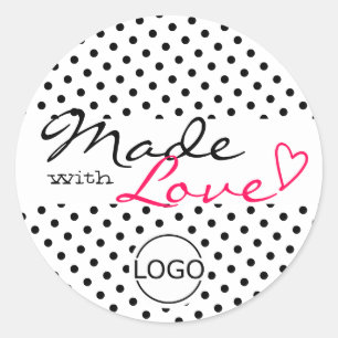 Cute Polka Dots Made with Love Heart Black White Classic Round Sticker