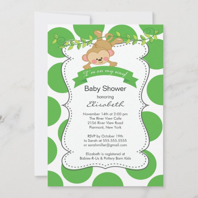 Cute Polka Dots Monkey Gender Neutral Baby Shower Invitation (Front)
