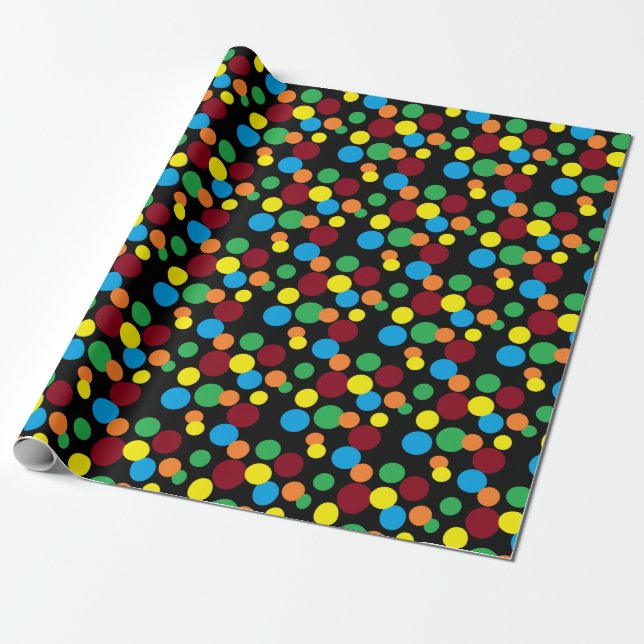 Cute Polka Dots on Black FUN Wrapping Paper (Unrolled)