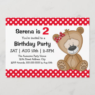Cute Polka Dots Teddy Bear Girl's Birthday Party Invitation