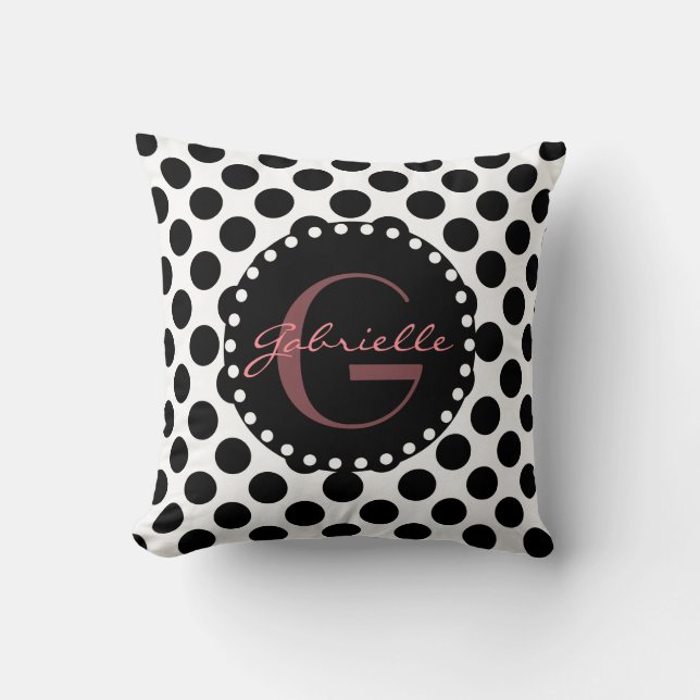 Cute Polka Dots w Name, Black & White w/ Rose Cushion (Front)