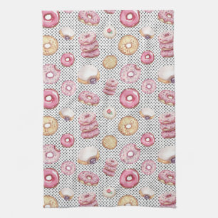 Cute Polka Doughnuts Pink Black White Dot Pattern Tea Towel
