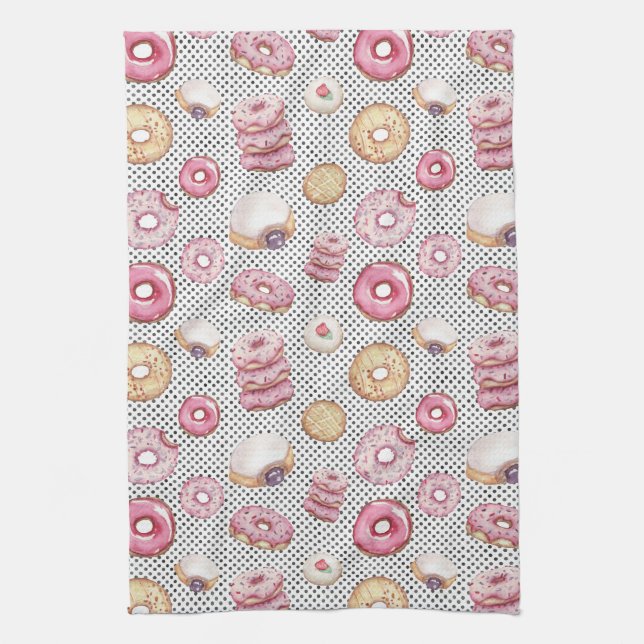 Cute Polka Doughnuts Pink Black White Dot Pattern Tea Towel (Vertical)