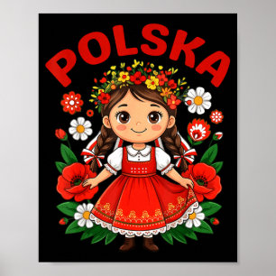 Cute Polska Girl Traditional Folk Dress Flowers Poster