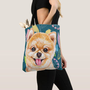 Cute Pomeranian Colourful Flowers Tote Bag