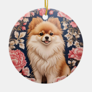 Cute Pomeranian Dog Pink Floral Ceramic Ornament