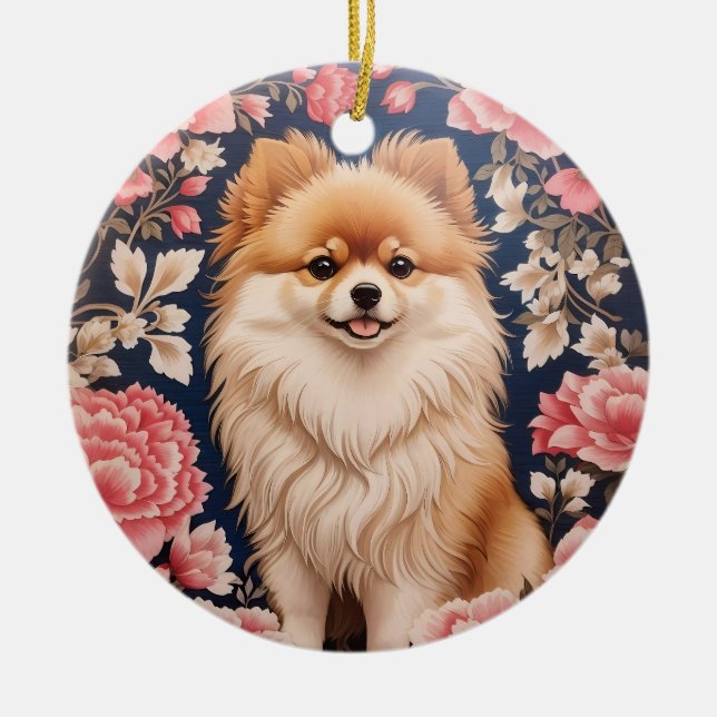 Cute Pomeranian Dog Pink Floral Ceramic Ornament (Front)
