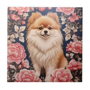 Cute Pomeranian Dog Pink Floral Ceramic Tile